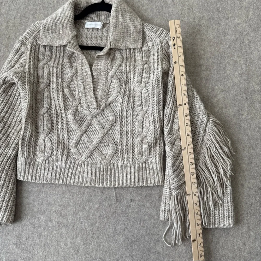 Jonathan Simkhai Kara Mouline Cable Knit Fringe Polo Sweater Beige - Picture 5 of 11